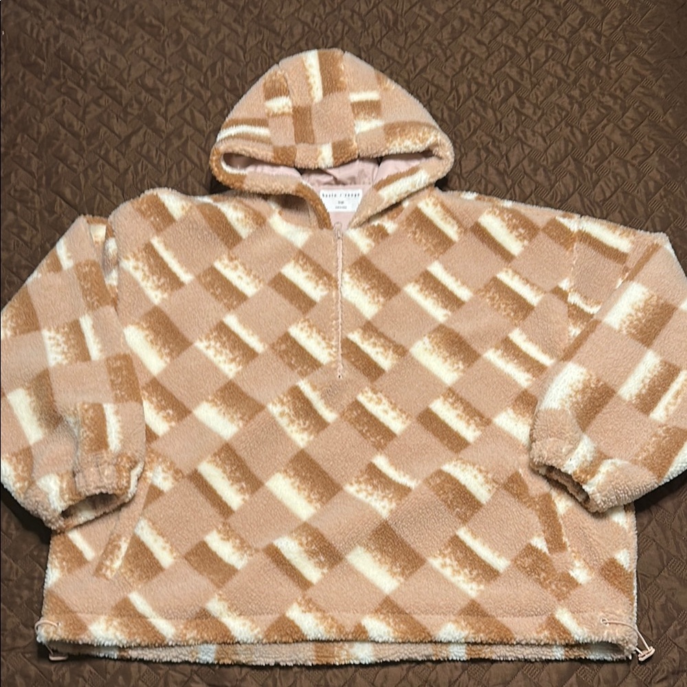 Tan and Cream and Pink Oversized Teddy Jacket with Plush Texture and Hood